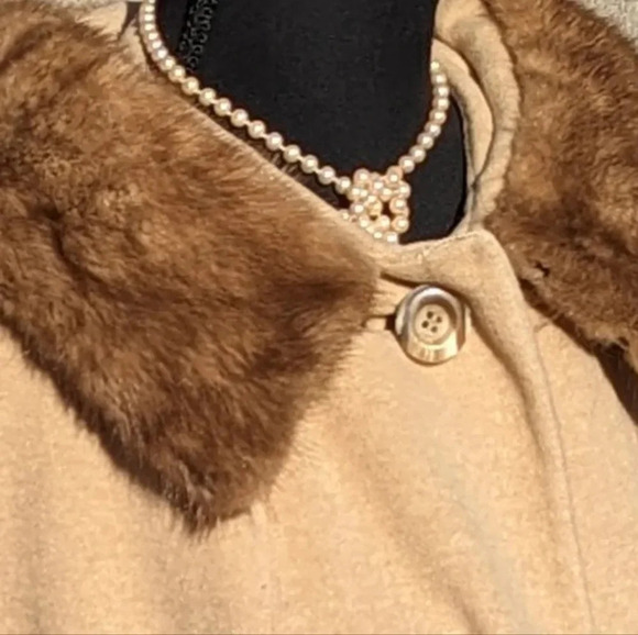 Mid-Century Wool Coat with Real Mink Fur Collar- Trench coat overcoat union-made - Picture 4 of 16